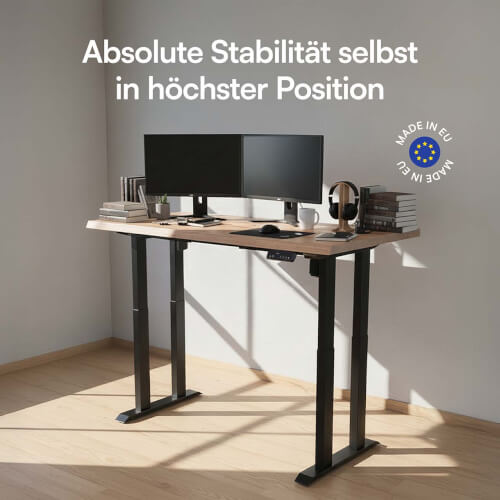 Elektrisch höhenverstellbarer Schreibtisch Liftor Rock mit schwarzem Gestell und Holzplatte